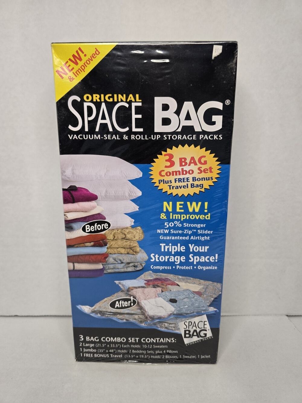 Sealed New Space Bag Combo Set 3 Bags Plus Bonus: 2 Large +1 Jumbo +1 Travel